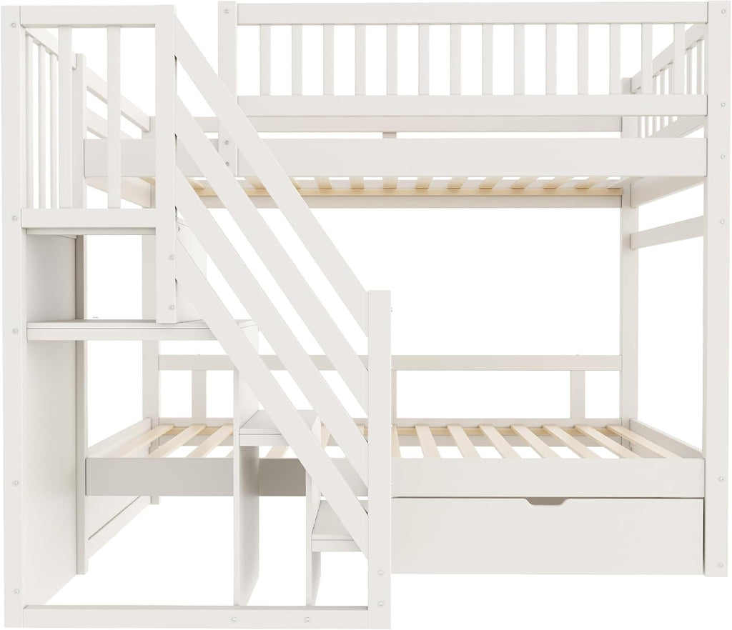 Cama infantil tipo litera 90x200 para 2 niños, cama alta con escalera, armario de almacenamiento y cajón, litera funcional de madera maciza para jóvenes con 2 somieres y protección anticaídas, sin colchón, blanca