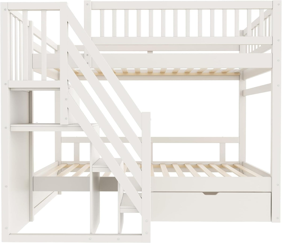 Cama infantil tipo litera 90x200 para 2 niños, cama alta con escalera, armario de almacenamiento y cajón, litera funcional de madera maciza para jóvenes con 2 somieres y protección anticaídas, sin colchón, blanca