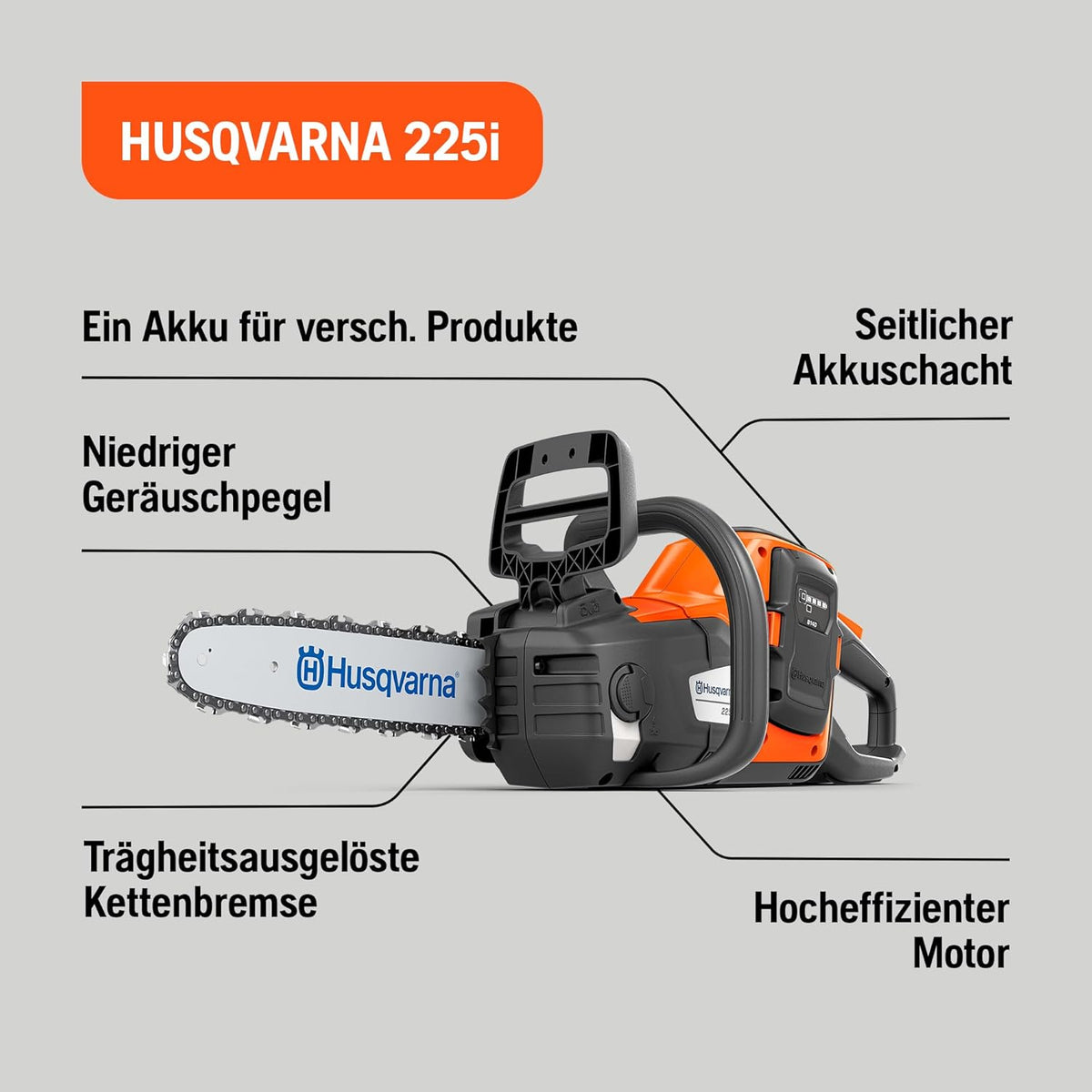 Motosierra de batería Husqvarna 225i: ligera, inalámbrica, silenciosa, espada de 14″, velocidad de cadena de 20 m/s, ideal para poda y mantenimiento de jardines (batería y cargador incluidos)