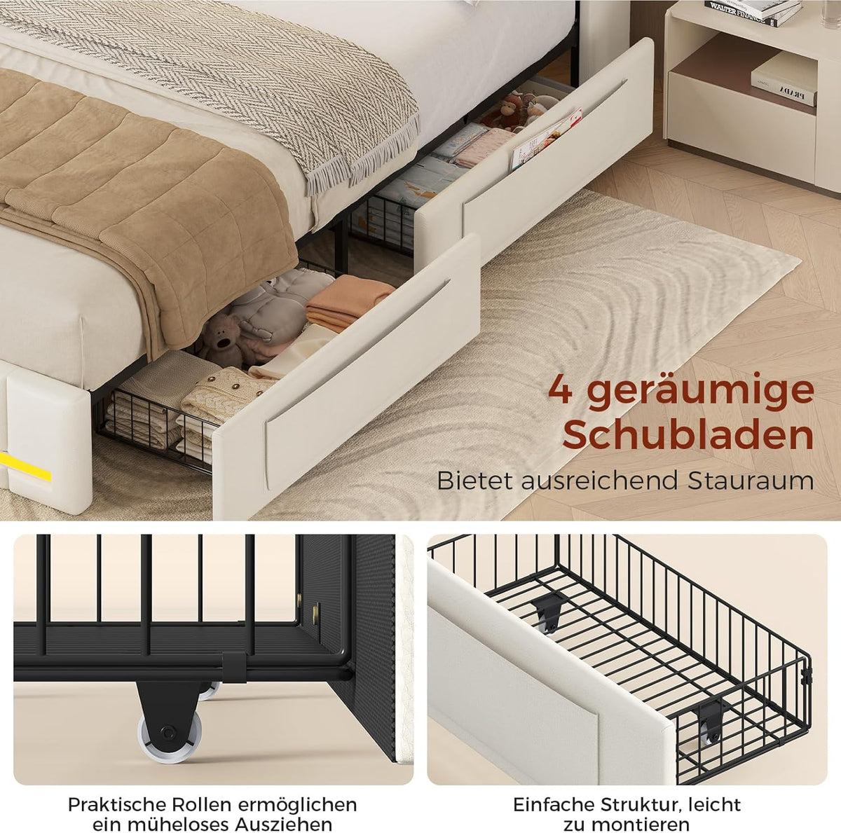Cama KIMENICH 140x200 cm, estructura de cama doble, cama con iluminación LED, cama tapizada, 4 cajones, estación de carga, marco de metal y cabecero de madera con almacenamiento, para dormitorio, habitación de invitados, blanco + natural