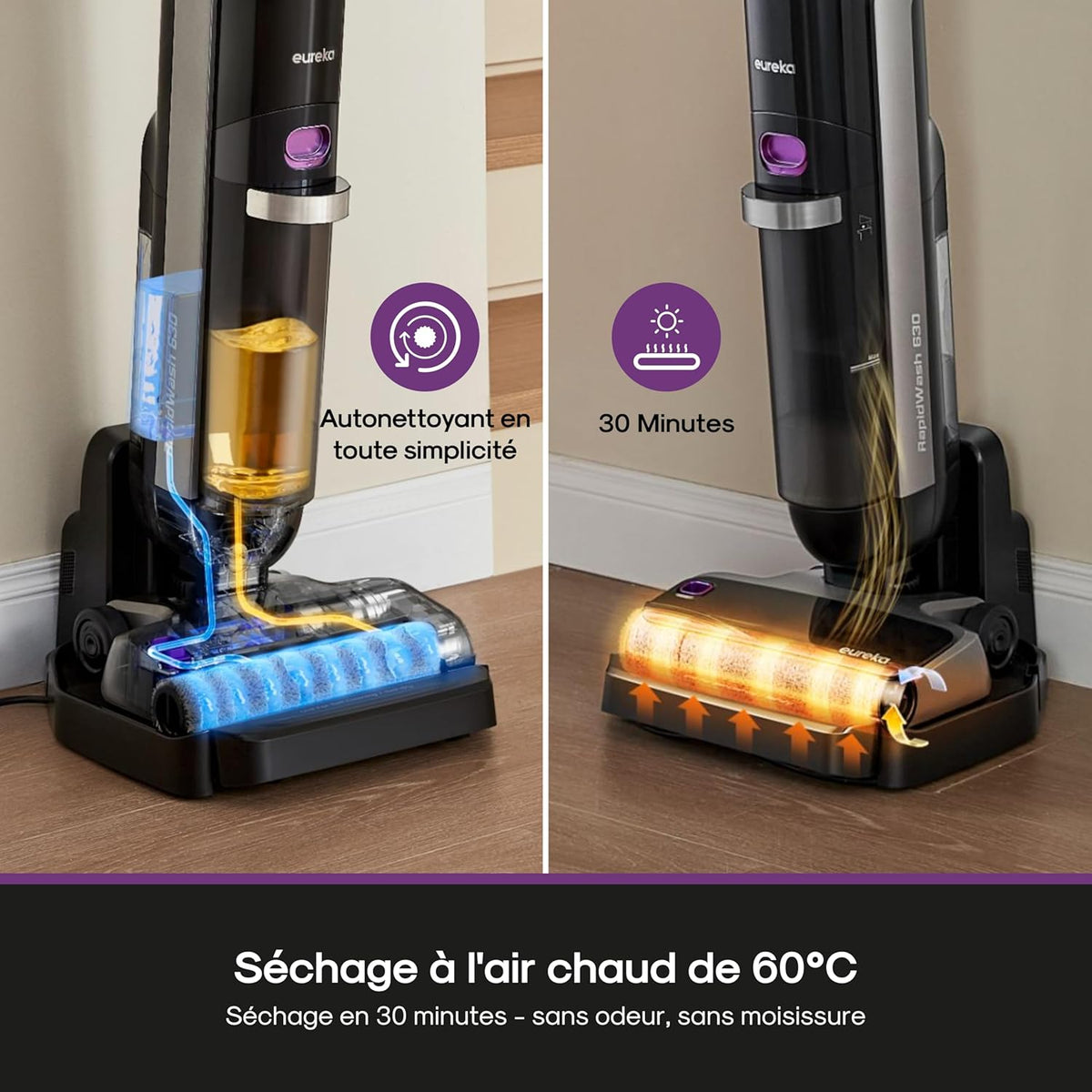 Eureka RapidWash NEW630 Aspirador y Fregona Inalámbrico, Aspiradora Escoba en Seco y Húmedo, Inclinación de 170°, Secado con Aire Caliente a 60℃, Antienredos, Autonomía de 38 Min, Aspirador de Líquidos y Polvo para Suelos Duros