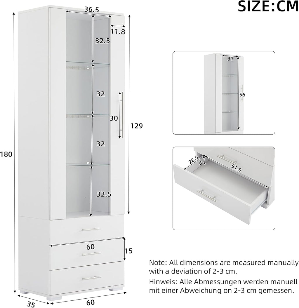 Vitrina de cristal Merax con iluminación LED, mueble vitrina blanco de alto brillo con puertas y 3 cajones, armario alto de 180 cm, estantería para libros, mueble de cocina, mueble multiusos para salón, dormitorio y oficina