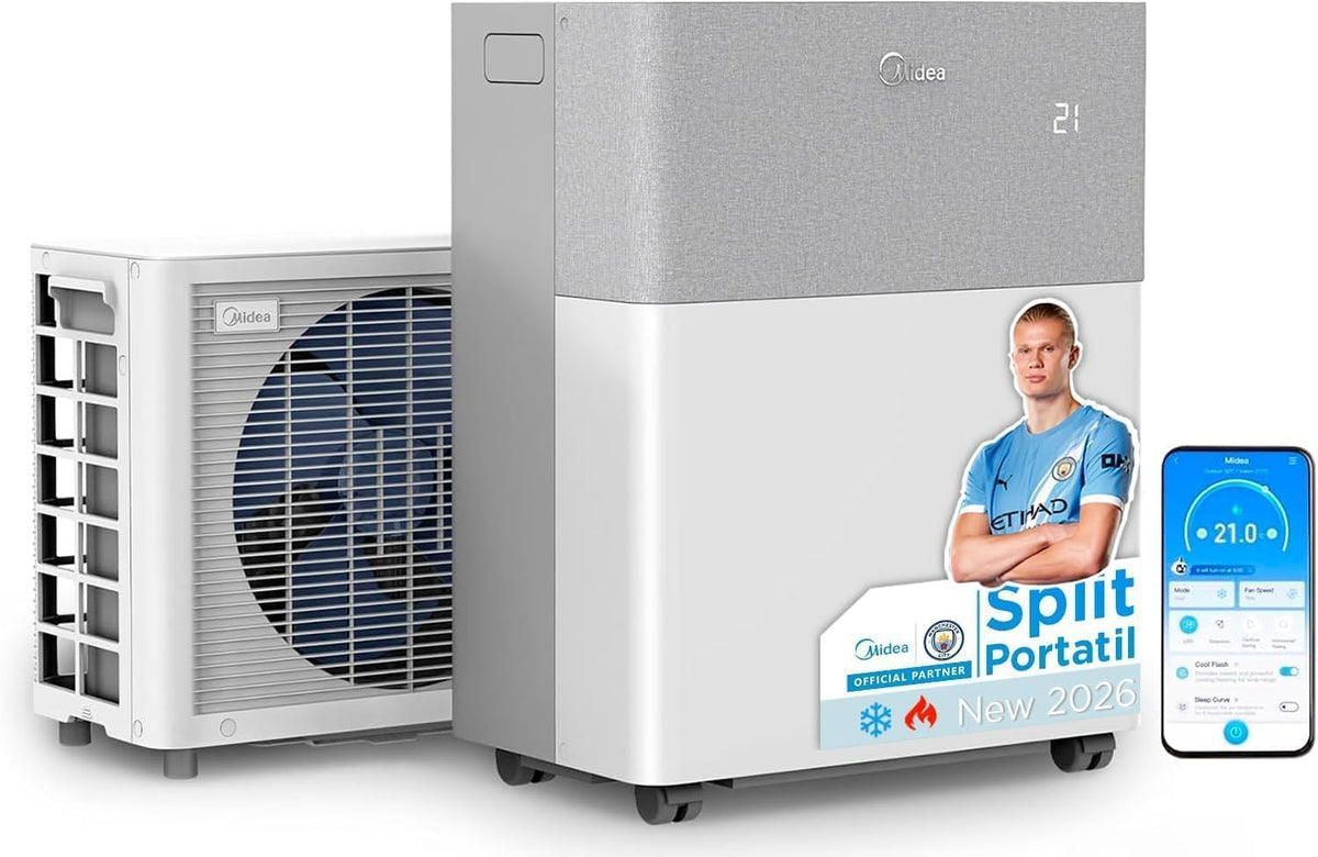 Aire Acondicionado Portátil Midea Portasplit 4 en 1 | 3000 frigorías / 12000 BTU | Split portátil de bajo consumo con modo silencio | Deshumidificador, calefactor, ventilador y climatizador para hasta 45 m2