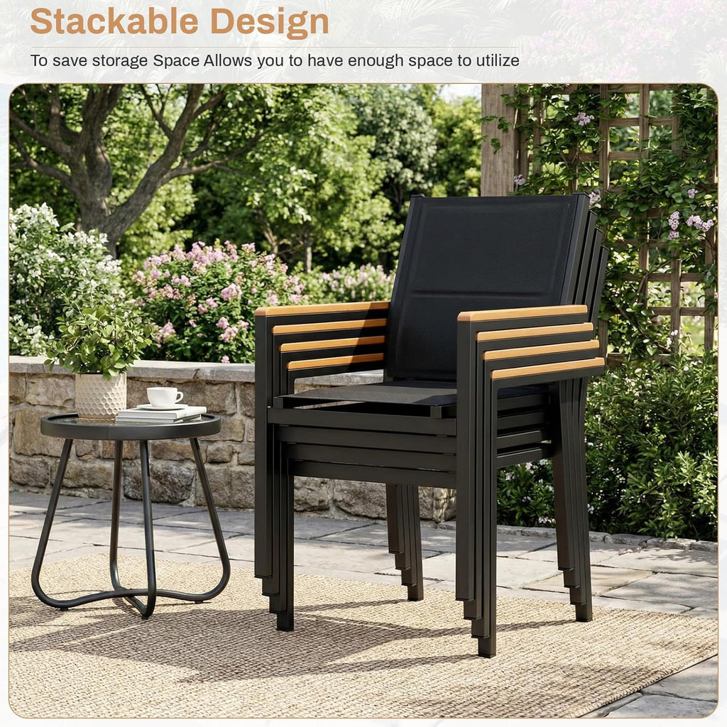 LIFERUN Set de 6 sillas de jardín, aluminio, con respaldo y asiento acolchados, silla de comedor apilable, reposabrazos de WPC, sillas de balcón, para terraza, balcón, patio, piscina, restaurantes, negro, 6 piezas