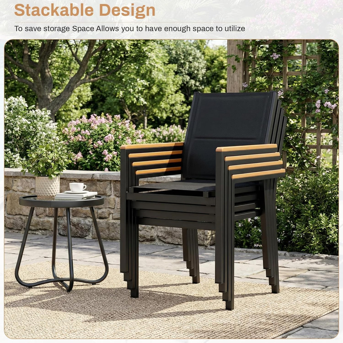 LIFERUN Set de 6 sillas de jardín, aluminio, con respaldo y asiento acolchados, silla de comedor apilable, reposabrazos de WPC, sillas de balcón, para terraza, balcón, patio, piscina, restaurantes, negro, 6 piezas