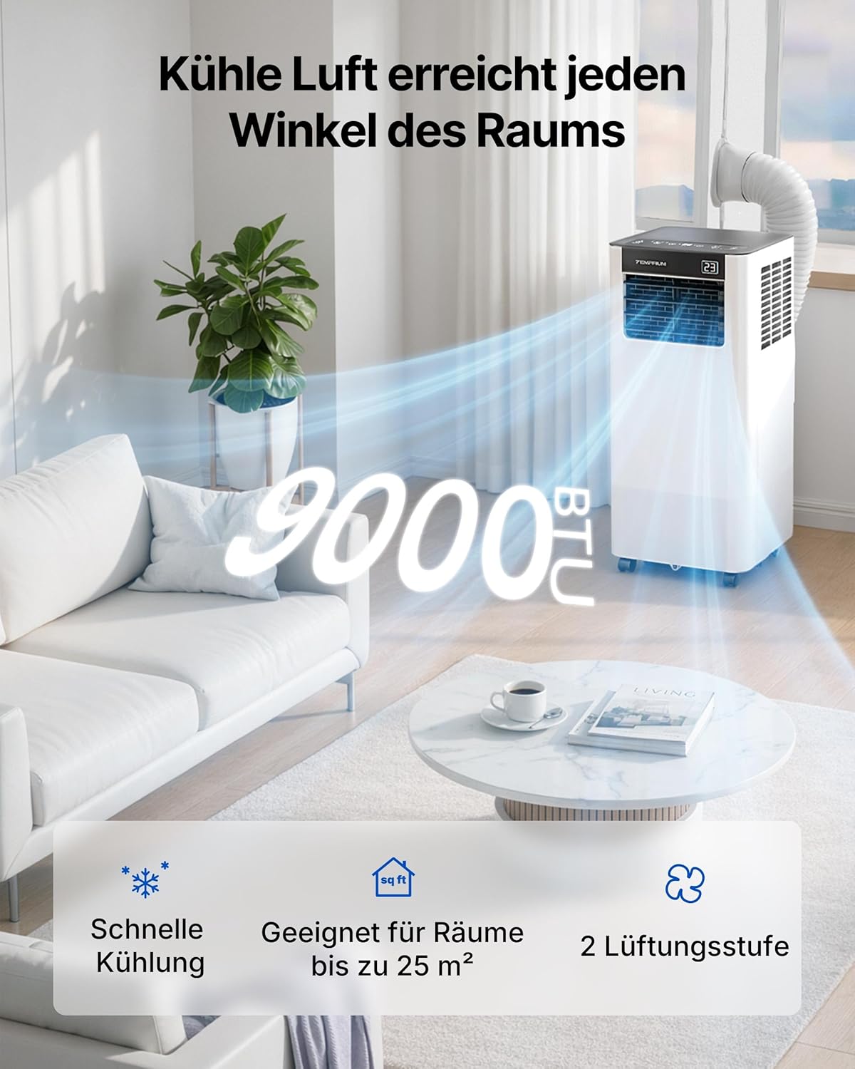 Aire acondicionado portátil 9000 BTU 2,6 kW con tubo de escape | Aire acondicionado móvil 3 en 1 | Sellado de ventanas | Control por APP + mando a distancia | Funcionamiento silencioso | Temporizador 24h | Para habitaciones de hasta 25 m²