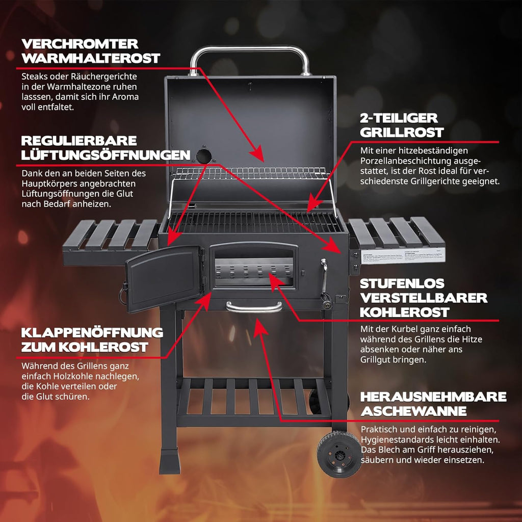 TAINO HERO XL Barbacoa ahumadora, carro grill, barbacoa de carbón, chimenea de exterior, barbacoa de pie, ahumador, accesorios