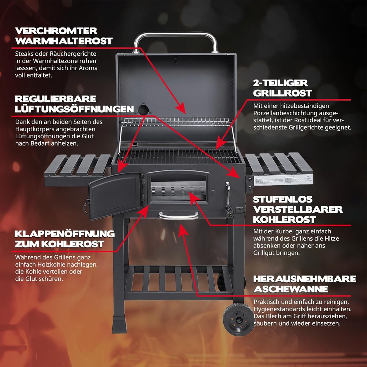 TAINO HERO XL Barbacoa ahumadora, carro grill, barbacoa de carbón, chimenea de exterior, barbacoa de pie, ahumador, accesorios