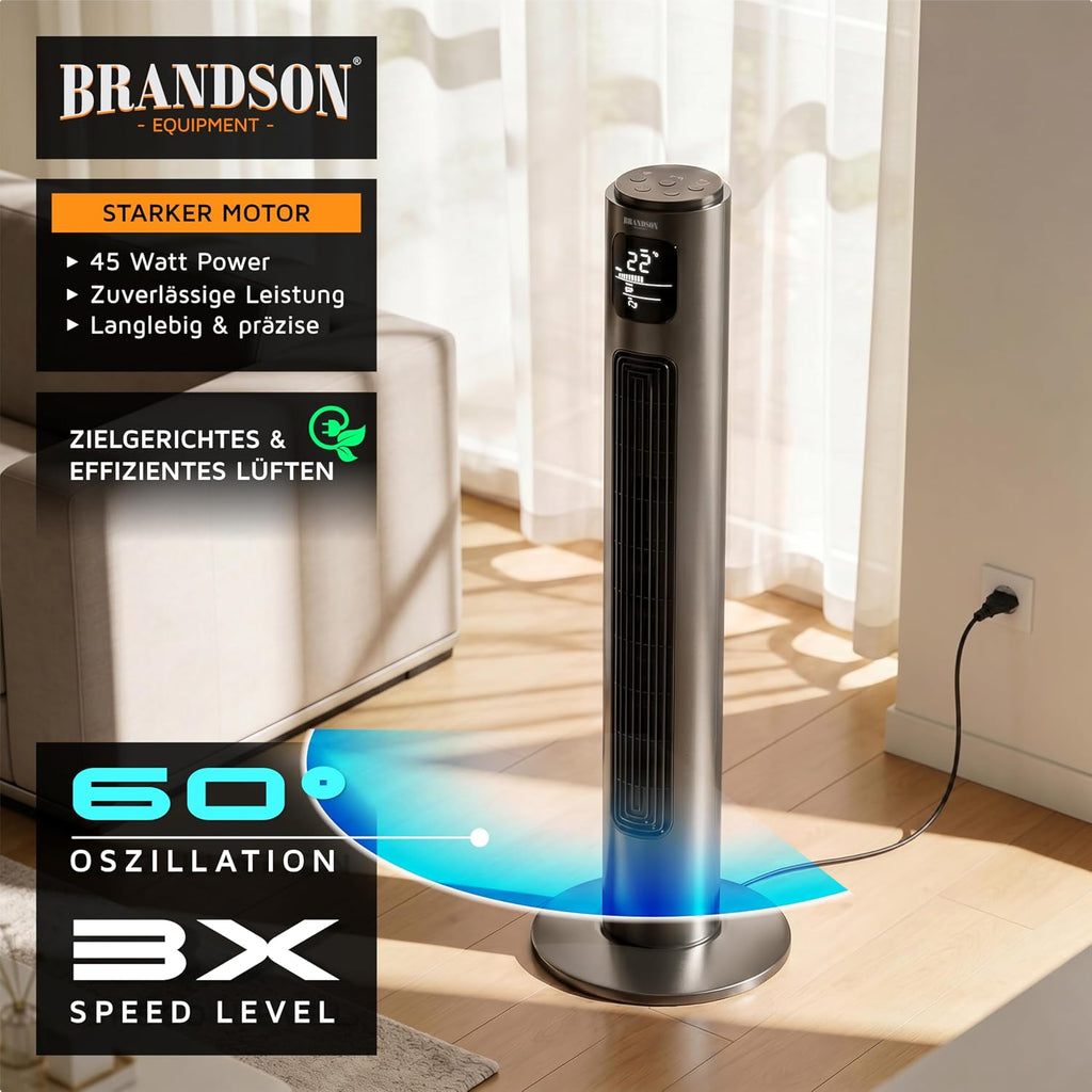 Brandson - Ventilador de torre con mando a distancia - Galardonado 2026 - Oscilación 60° - Ventilador de pie - ventilador portátil - ventilador de columna - 96 cm - Ventilador 3 niveles de velocidad - GS - Grafito