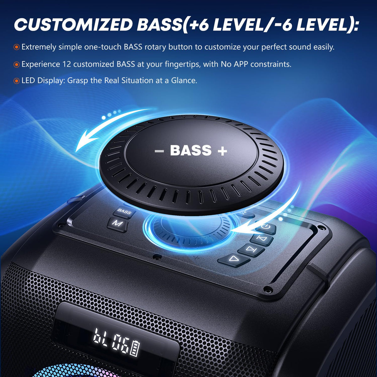 Altavoz Bluetooth W-KING 270W Peak Partybox 125dB, 12 bajos, 2 woofers de 16,5 cm, super graves, entrada de micrófono y guitarra, USB, AUX, batería.