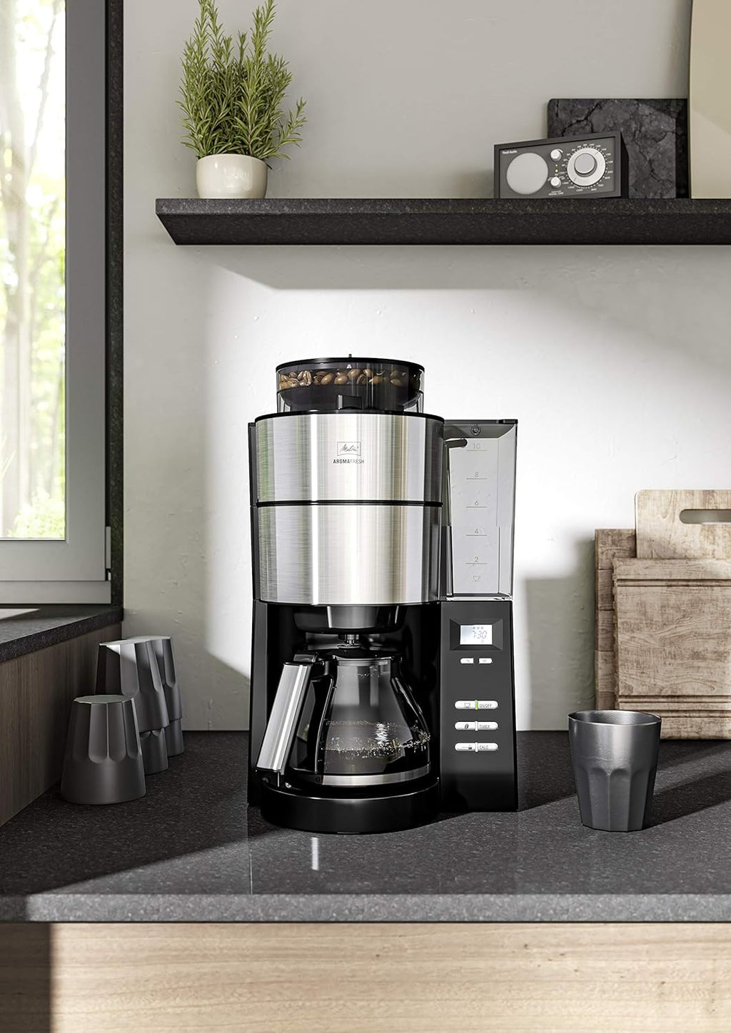 Melitta AromaFresh - Cafetera de filtro - con jarra de cristal - molinillo integrado - función de temporizador - 10 tazas - Negro puro