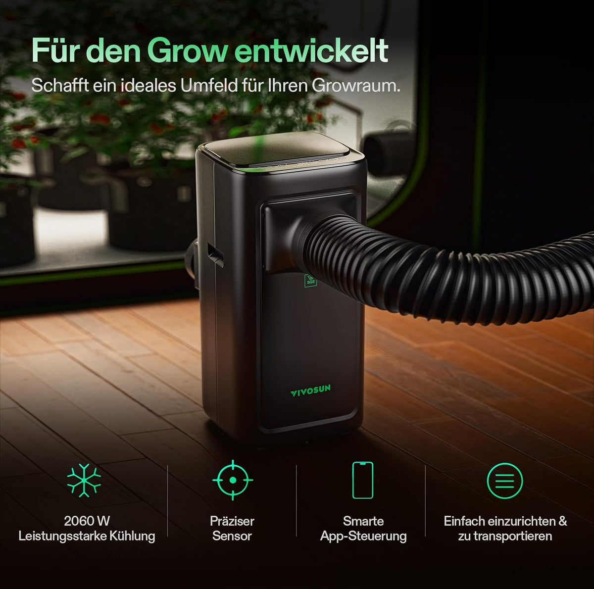 Aire acondicionado inteligente VIVOSUN, 7000 BTU, función 4 en 1 con sensor de temperatura y humedad, control remoto inteligente, ideal para tiendas de cultivo e interiores