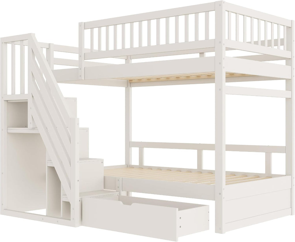 Cama infantil tipo litera 90x200 para 2 niños, cama alta con escalera, armario de almacenamiento y cajón, litera funcional de madera maciza para jóvenes con 2 somieres y protección anticaídas, sin colchón, blanca