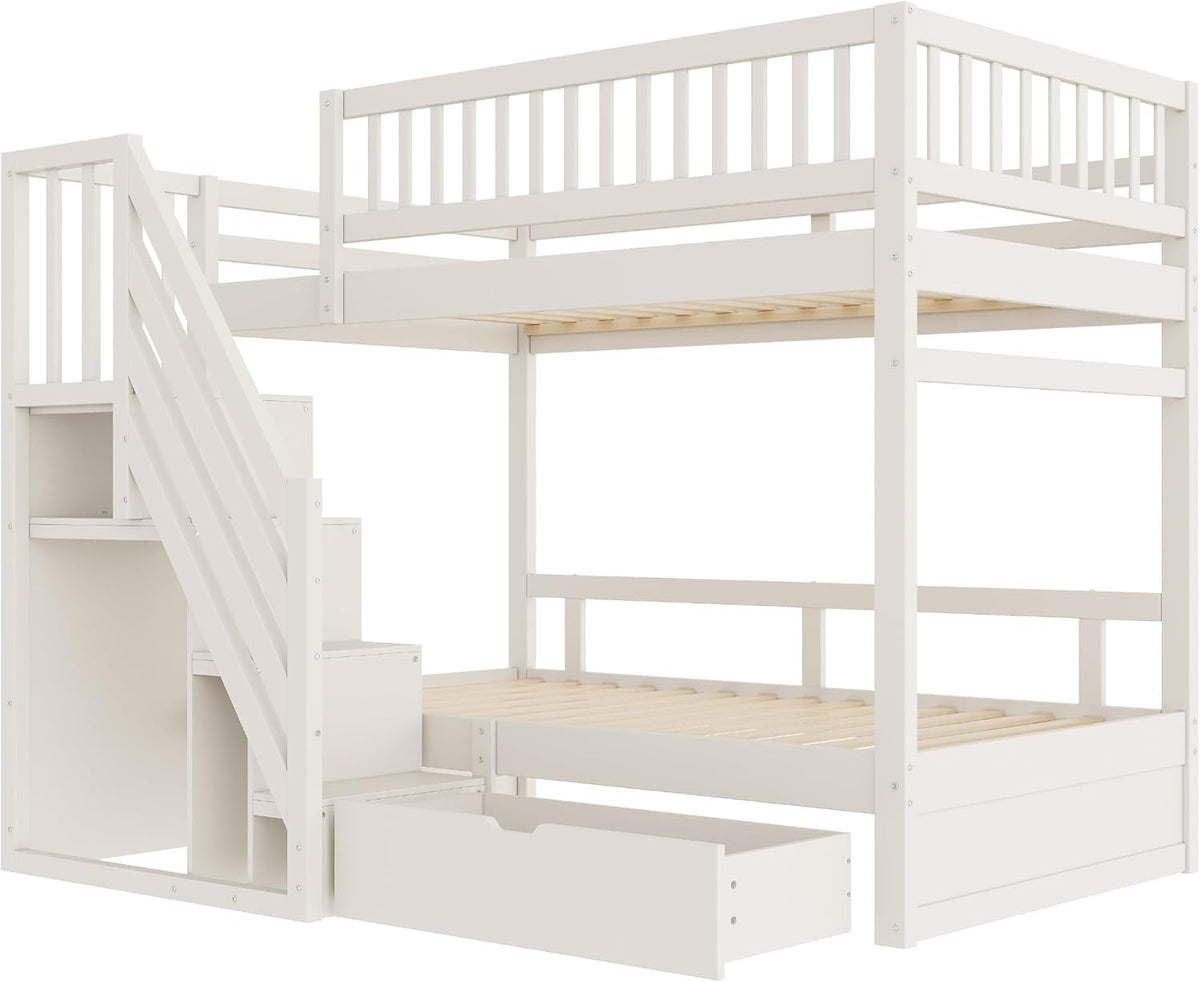 Cama infantil tipo litera 90x200 para 2 niños, cama alta con escalera, armario de almacenamiento y cajón, litera funcional de madera maciza para jóvenes con 2 somieres y protección anticaídas, sin colchón, blanca