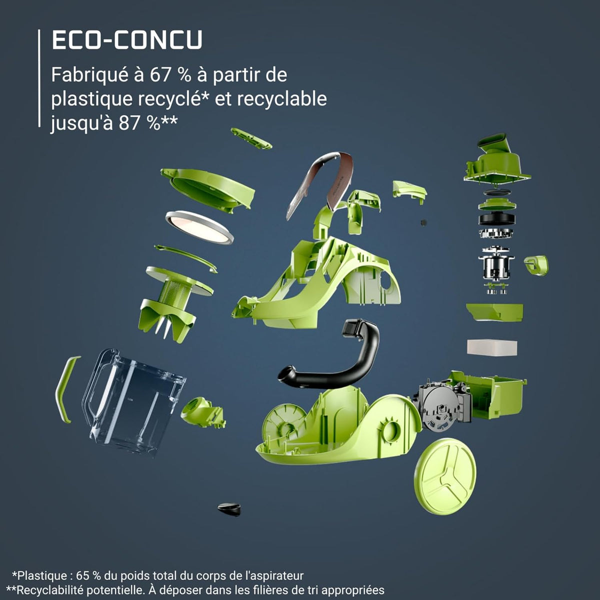 Aspiradora sin bolsa Rowenta, Motor de consumo ultra bajo, Ecodiseño, Sistema de filtración de alta eficiencia, Ultra silenciosa, Fabricada en Francia, Green Force Cyclonic Effitech+ RO7C66EA