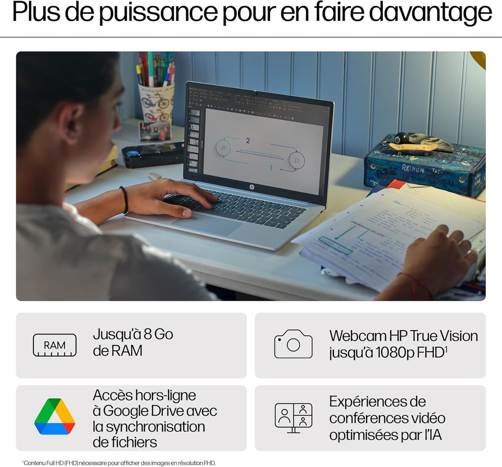HP Chromebook 14a-nf0001sf Portátil 14" HD, PC Portátil (Intel Celeron N100, RAM 4 GB, Flash 128 GB, Intel Iris XE, Chrome OS), Ordenador Portátil Plata, Teclado AZERTY
