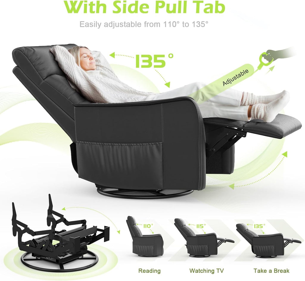 Sillón de masaje con función reclinable, sillón relax con calor y masaje, sillón de TV giratorio 360° para salón, mecedora con reposacabezas acolchado, 2 bolsillos laterales