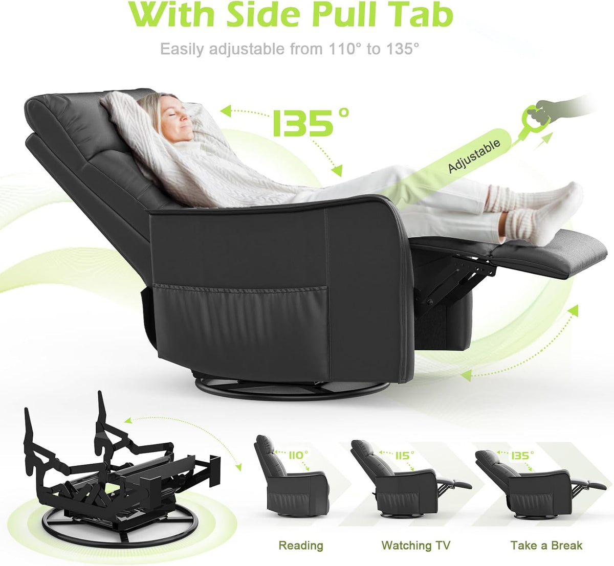Sillón de masaje con función reclinable, sillón relax con calor y masaje, sillón de TV giratorio 360° para salón, mecedora con reposacabezas acolchado, 2 bolsillos laterales