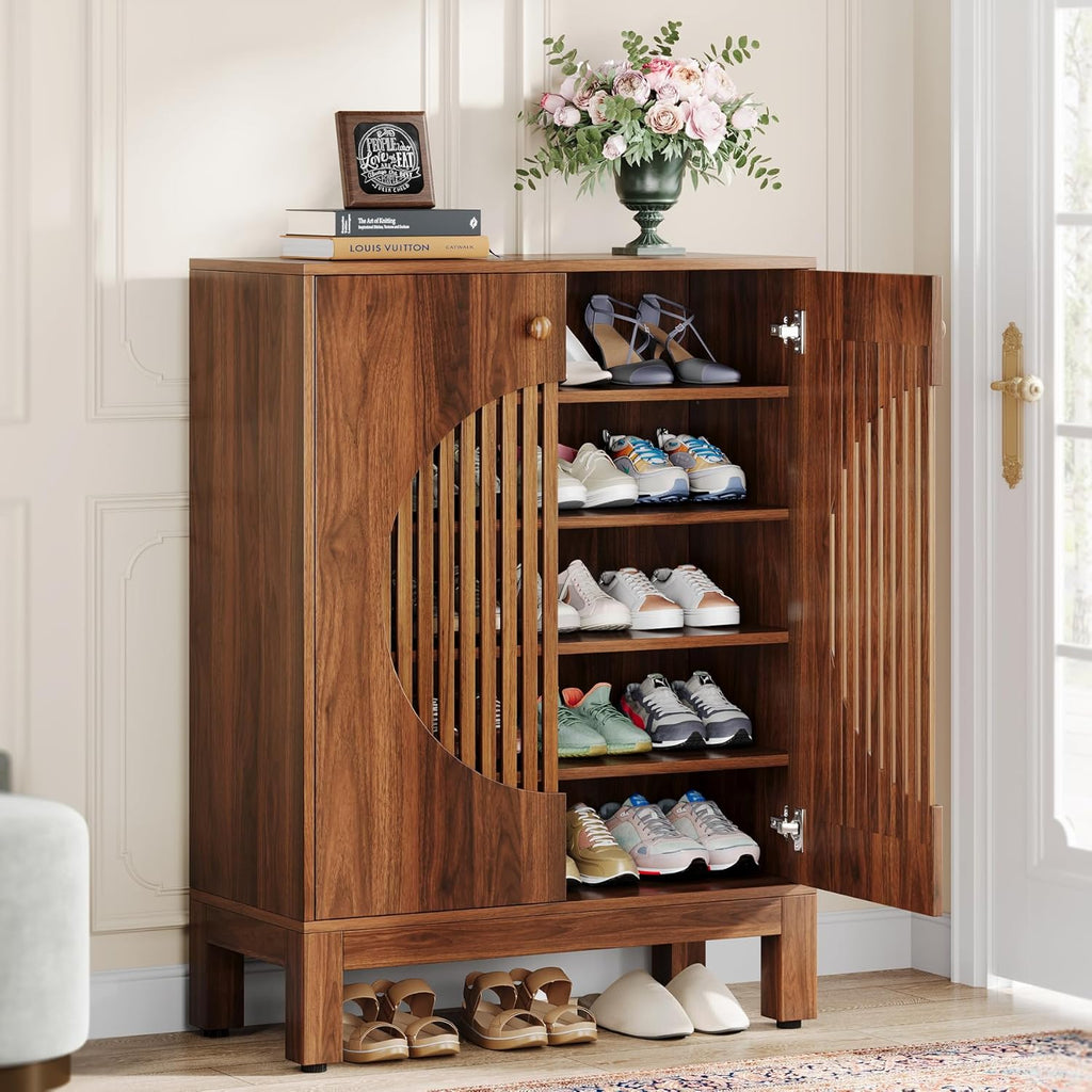 Tribesigns zapatero, estante para zapatos de 5 niveles, mueble zapatero estrecho con puertas de lamas, 20 pares, con estantes ajustables, organizador de madera para entrada, pasillo, salón (marrón)