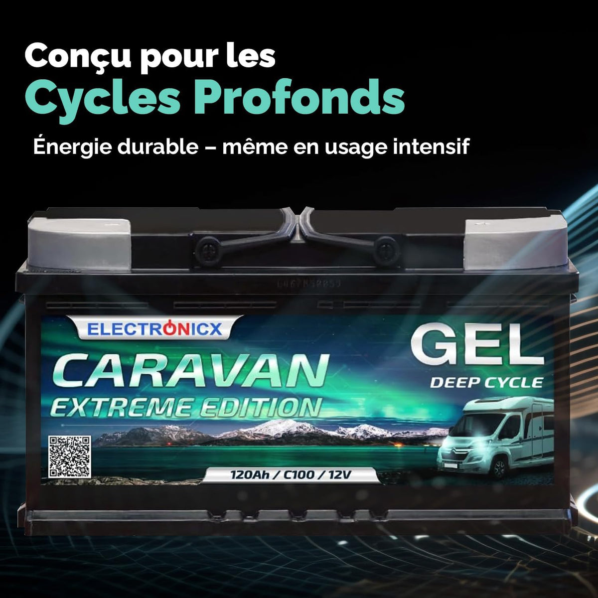 Batería de servicio Electronicx GEL Caravan Extreme 12V 120Ah / 120 Ah 12 Voltios – Batería de descarga lenta, sin mantenimiento y sellada – 353×175×190 mm – Autocaravana Caravana Solar Ocio Camping