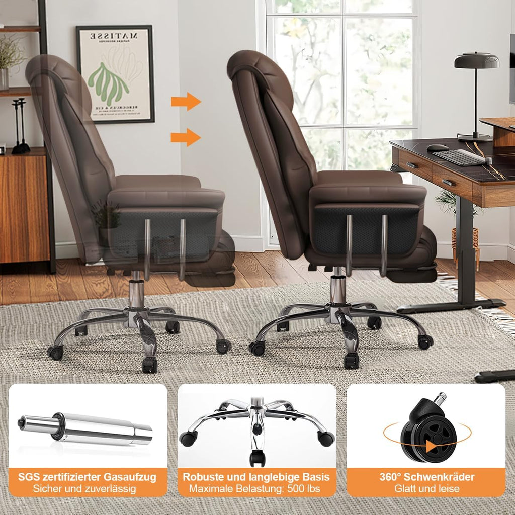 Silla de oficina con reposapiés y soporte lumbar – Silla gaming ergonómica con reposacabezas ajustable en altura y respaldo reclinable, silla giratoria de piel sintética con respaldo alto para oficina en casa (marrón)