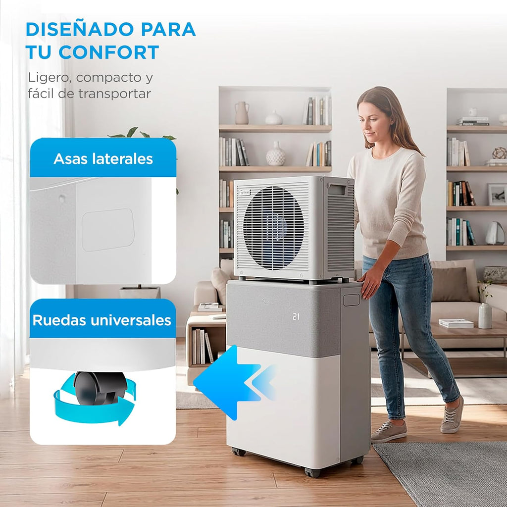 Aire Acondicionado Portátil Midea Portasplit 4 en 1 | 3000 frigorías / 12000 BTU | Split portátil de bajo consumo con modo silencio | Deshumidificador, calefactor, ventilador y climatizador para hasta 45 m2