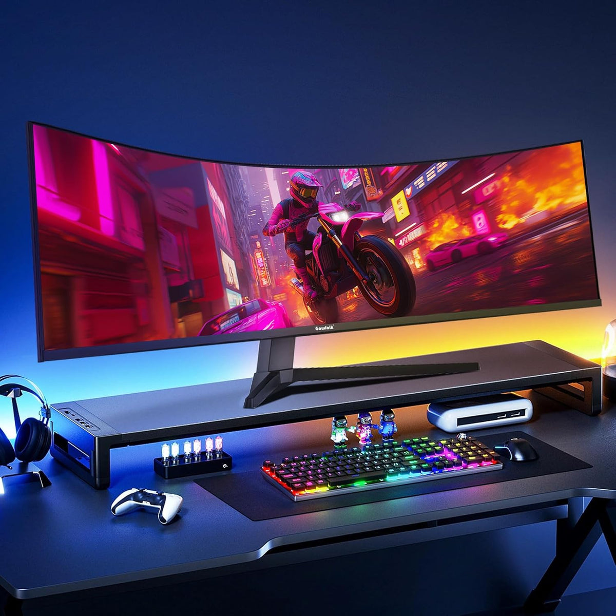 Monitor de juegos Gawfolk de 49 pulgadas, curvo ultra ancho 1500R, DQHD (5120×1440), 165Hz, 1MS, FreeSync, 120% sRGB, monitor ajustable en altura, HDMI2.1, DP1.4, VESA 75 * 75 mm - Negro