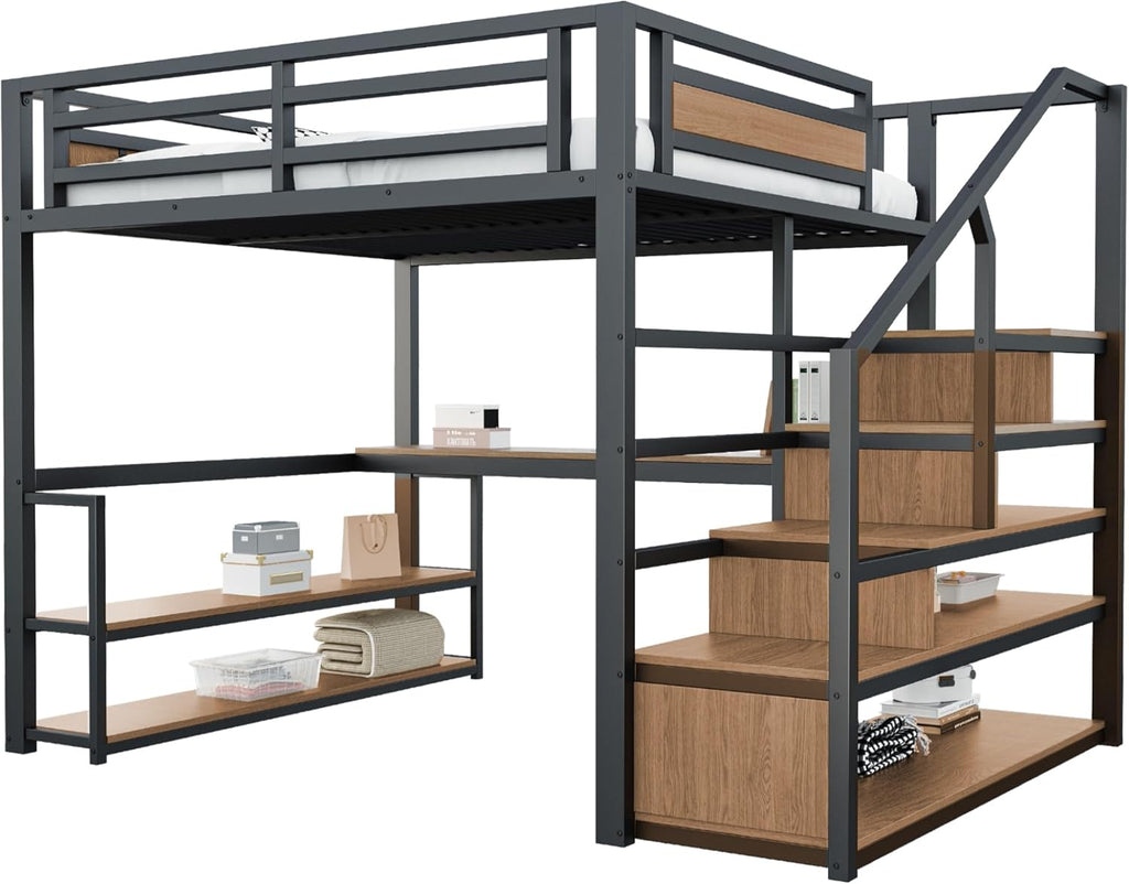 Litera alta de metal de 140x200 con escalera de almacenamiento con estantes y escritorio, diseño de valla de seguridad con tablones de metal unidos, cama de estructura de hierro alta con marco de metal para un soporte estable (negro)