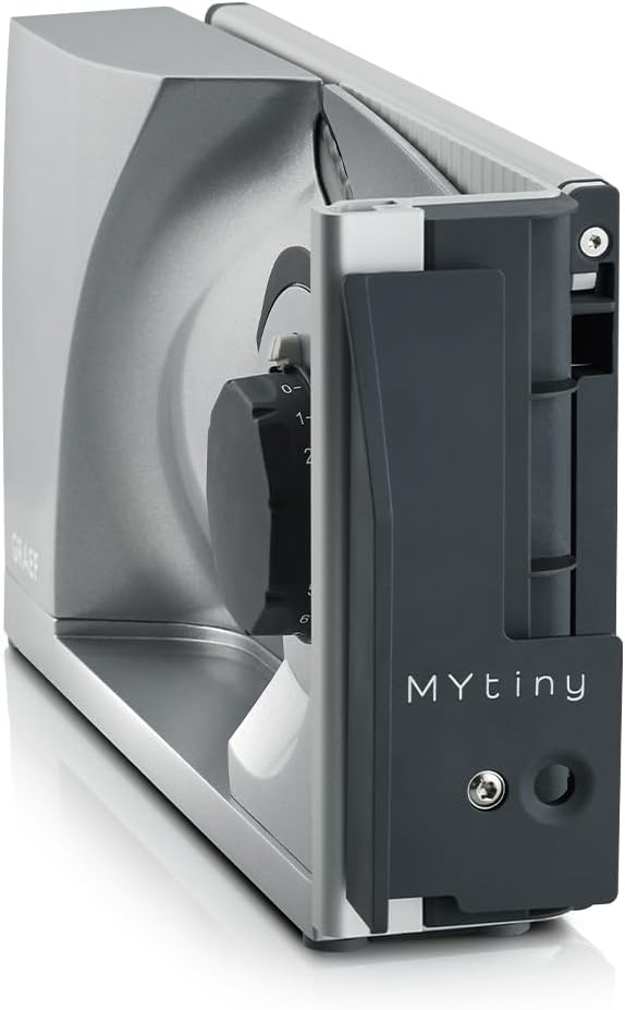 GRAEF. MYtiny MT1000 - Cortadora universal plegable, fabricada en Alemania, totalmente metálica, cuchilla de filo ondulado de 170 mm, grosor de corte 0-15 mm, motor de bajo consumo de 170 W, cortadora de pan plegable, compacta, color plata