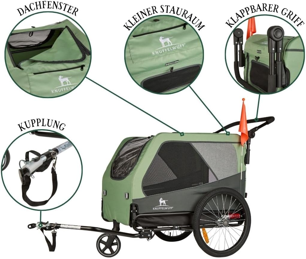 Remolque para perros, carrito para bicicleta, cochecito Cruvado hasta 45 kg, plegable, estructura de acero, correa de seguridad, reflectores, enganche universal