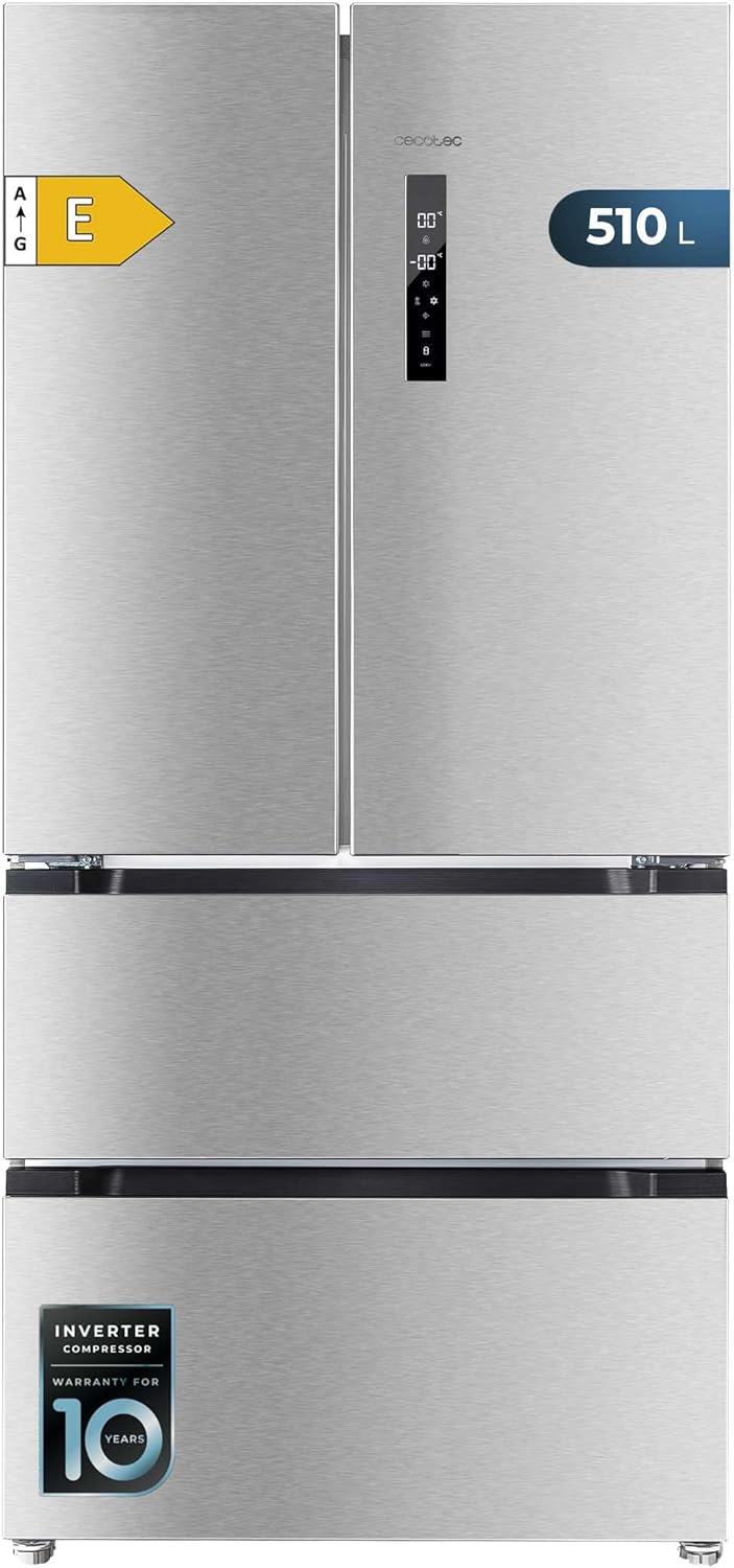 Frigorífico French Door Cecotec de acero inoxidable 510 L Bolero CoolMarket FD 510 Inox E. 183 cm de alto, 84 cm de ancho, motor Inverter Plus, refrigeración rápida y congelación rápida, MultiAirFlow, Total NoFrost