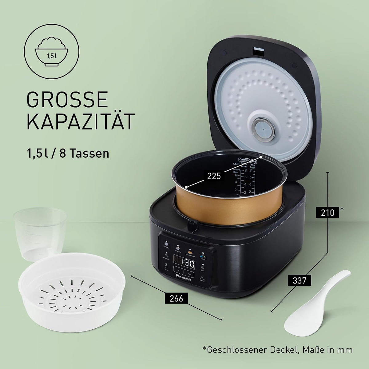 Panasonic SR-DA152KXE Arrocera automática con vaporera, 1,5 litros, 8 tazas, lógica difusa (Fuzzy Logic), indicador de proporción de agua, libre de BPA, función de mantener caliente, inicio programado, piezas aptas para lavavajillas, negro
