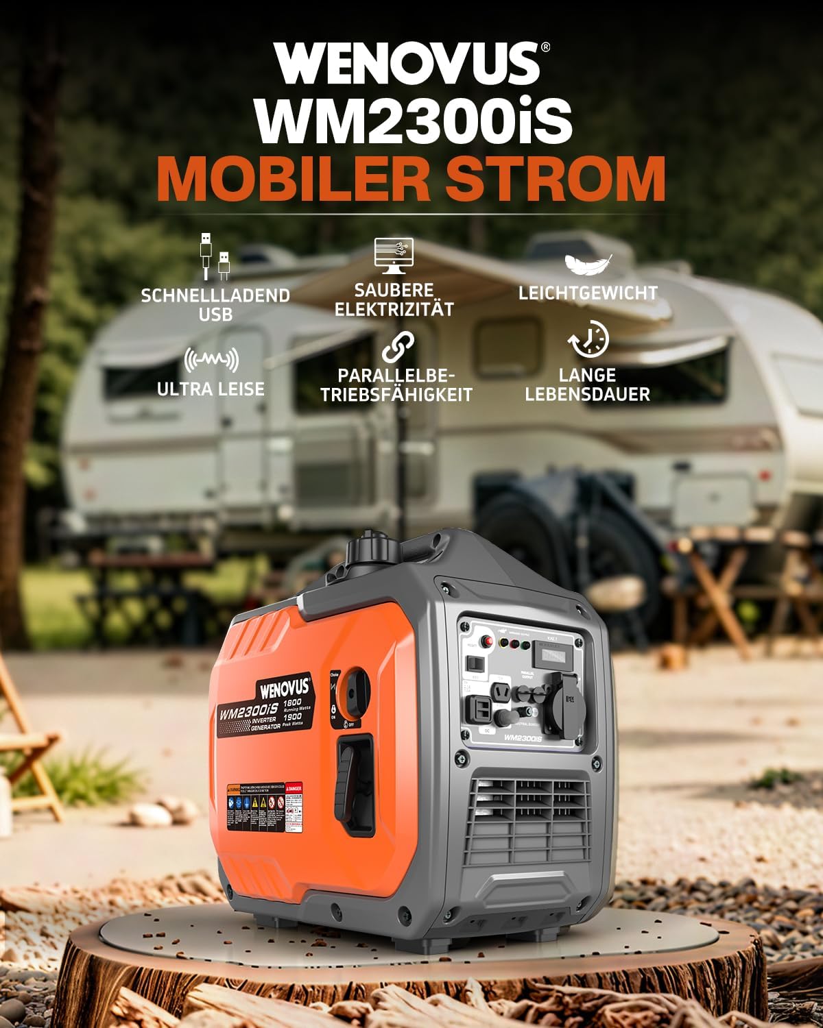 Generador eléctrico inversor de gasolina, supersilencioso y portátil, 1900W, 4 tiempos, con toma de 230V y USB, generador de emergencia para cortes de luz, camping, caravana, autocaravana y garaje