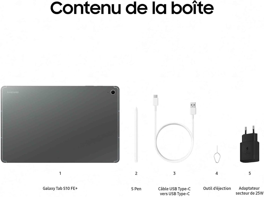 Samsung Galaxy Tab S10 FE+, Tablette Android WIFI 13,1" 128 Go, S Pen inclus, Certification IP68, Gris Anthracite, Chargeur secteur rapide 25 W inclus, Version FR