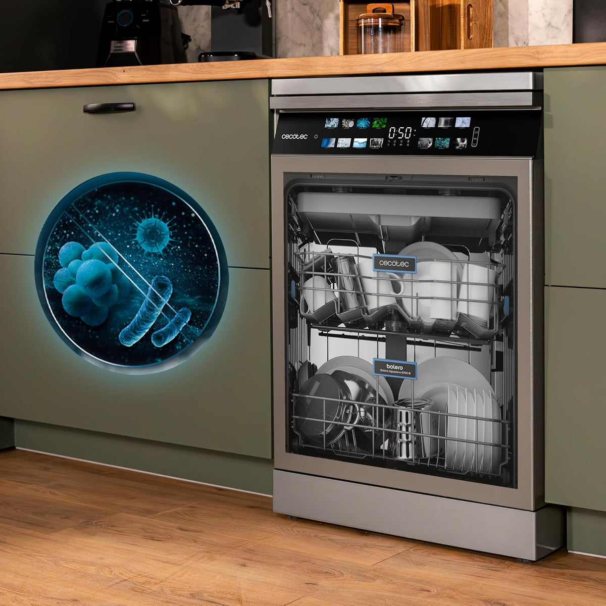 Lavavajillas Cecotec 60cm Bolero Aguazero 6700 Inox B Lavavajillas de acero inoxidable, 15 cubiertos, Clase B, Motor Inverter Plus, O2 Dry, lavado de doble zona, bandeja ajustable, almacenamiento largo y Turbo Dry+.