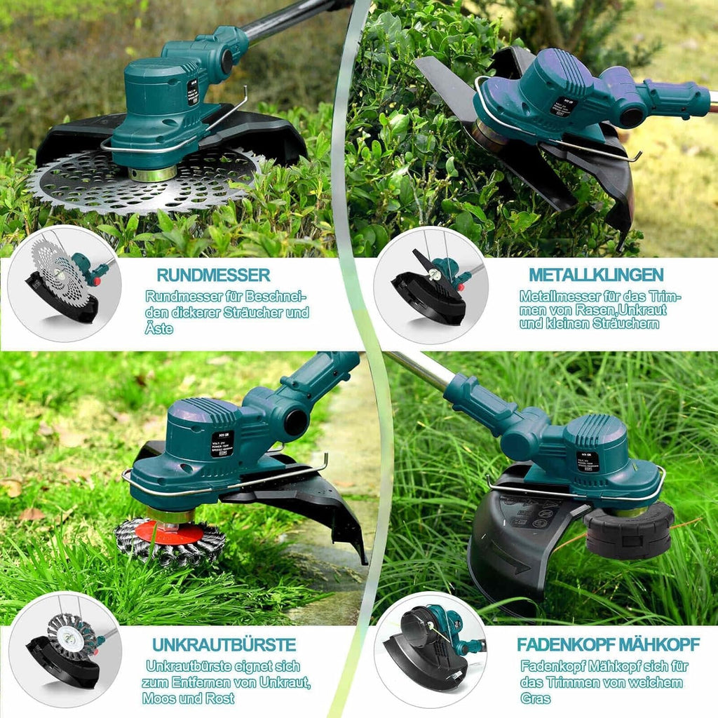 Cortacésped inalámbrico de 21V, cortacésped inalámbrico 4 en 1 compatible con baterías Makita, cortacésped con cepillo para malas hierbas, desbrozadora y motoguadaña incl. cabezal de hilo TAP-N'-GO, 2 baterías de 4.0Ah, motor sin escobillas de 750W