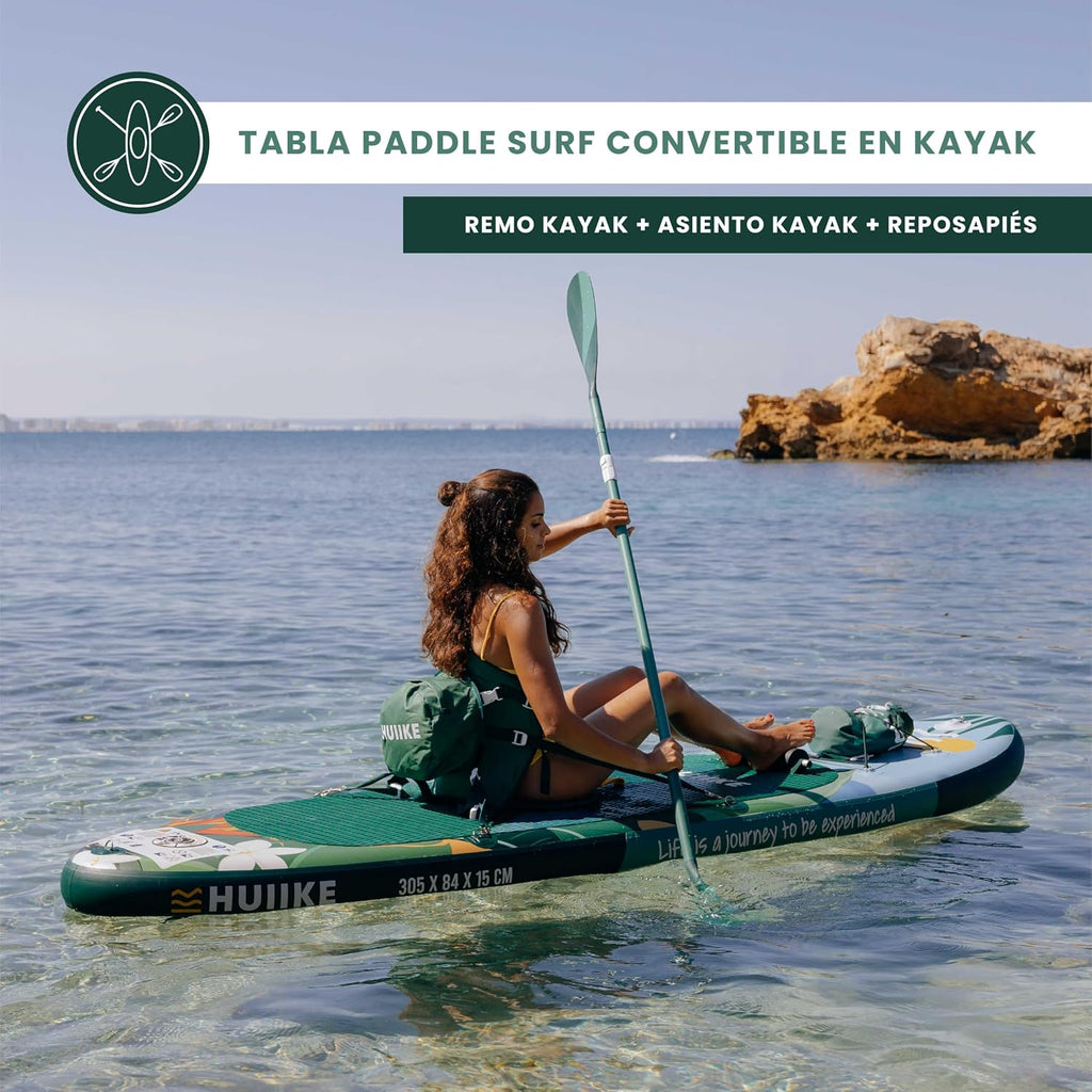 Tabla de Paddle Surf Hinchable HUIIKE con accesorios incluidos, remo, quillas, inflador. Stand Up Paddle Board de gran estabilidad y resistencia. 305 x 84 x 15 cm, soporta hasta 130 kg