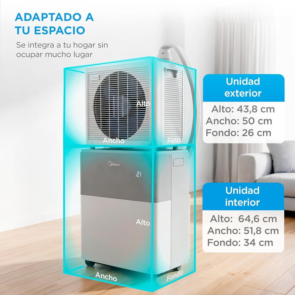 Aire Acondicionado Portátil Midea Portasplit 4 en 1 | 3000 frigorías / 12000 BTU | Split portátil de bajo consumo con modo silencio | Deshumidificador, calefactor, ventilador y climatizador para hasta 45 m2