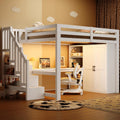 Cama alta de 140x200 con escritorio y estantería, armario, escalera con almacenaje, USB y luces LED, blanco