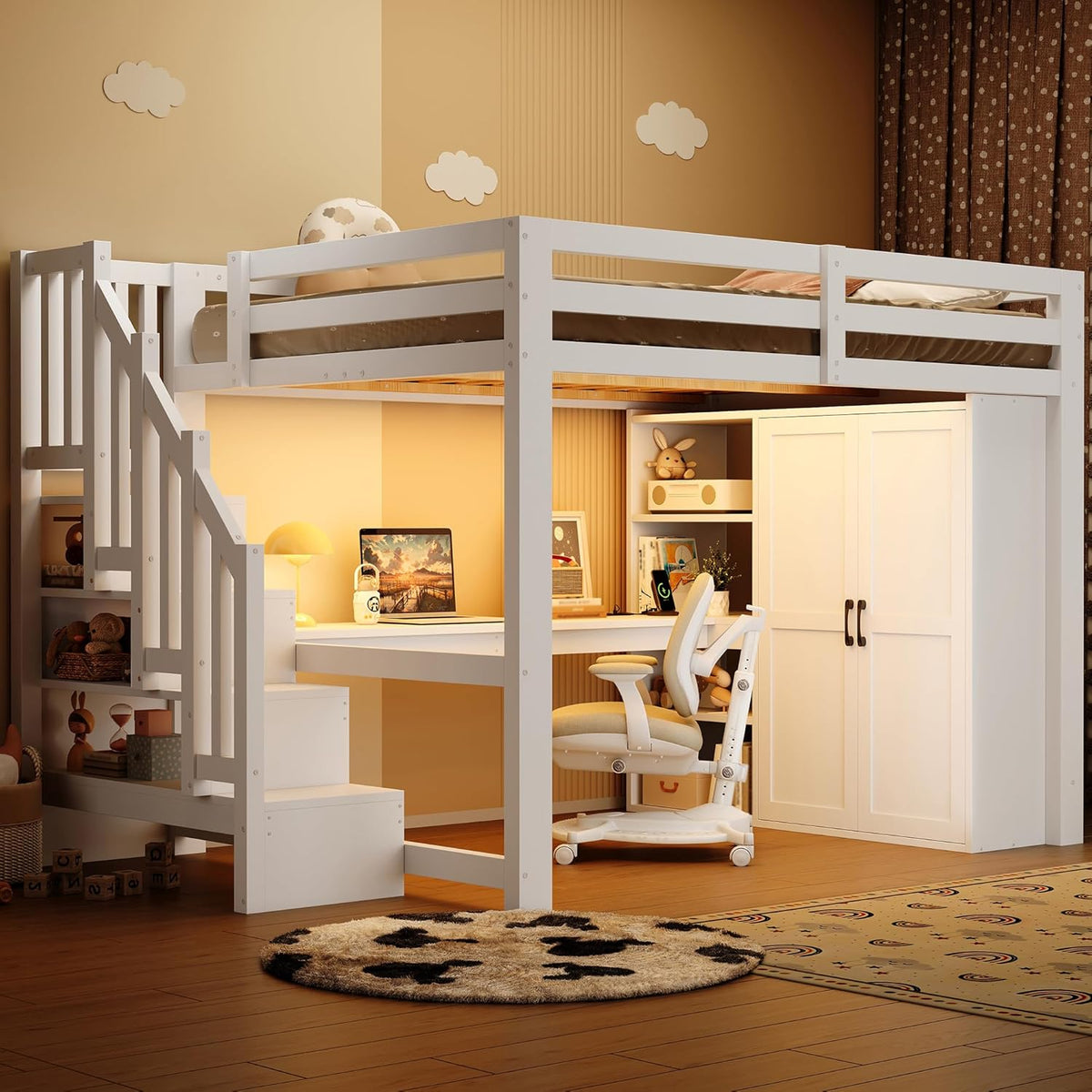 Cama alta de 140x200 con escritorio y estantería, armario, escalera con almacenaje, USB y luces LED, blanco