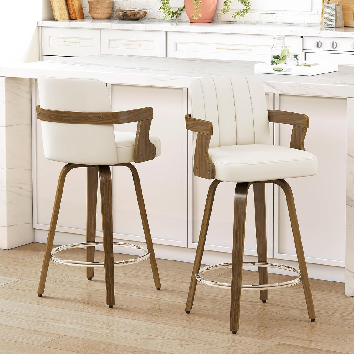 Juego de 2 taburetes de bar giratorios 360° con reposabrazos, altura del asiento de 65 cm, acolchados (7 cm) de piel sintética, silla de bar con patas de madera y reposapiés, taburete de cocina para isla, mostrador y comedor, blanco
