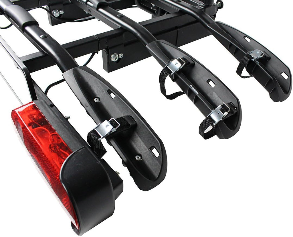 Portabicicletas Bullwing SR3+ para 3 bicicletas para enganche de remolque, abatible (cierre especial, protección antirrobo con candado, 3 soportes de cuadro no bloqueables, soporte de pared)