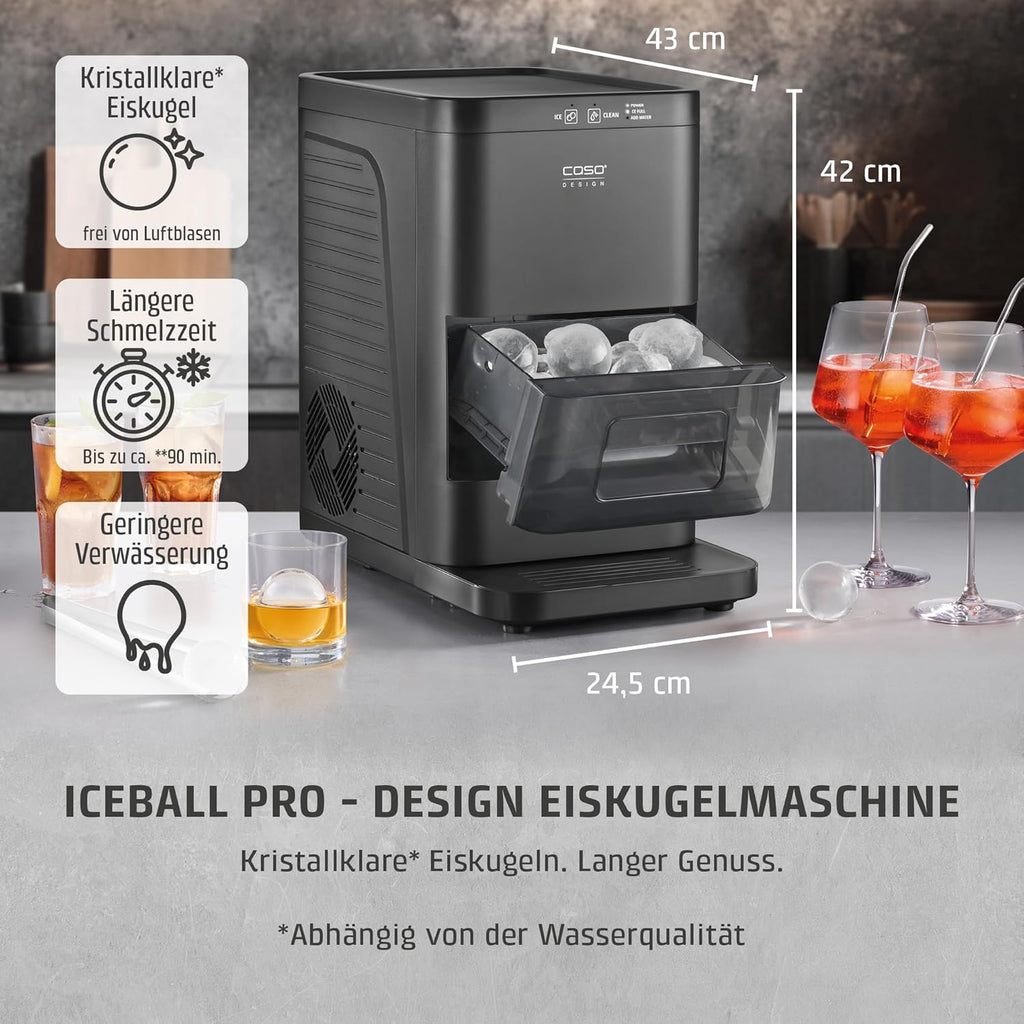 CASO IceBall Pro Máquina para hacer esferas de hielo con compresor - Esferas de hielo cristalinas de 50-55 mm, 2 esferas/hora, depósito de agua de 1,3 l, autolimpieza, pantalla LED, negro mate
