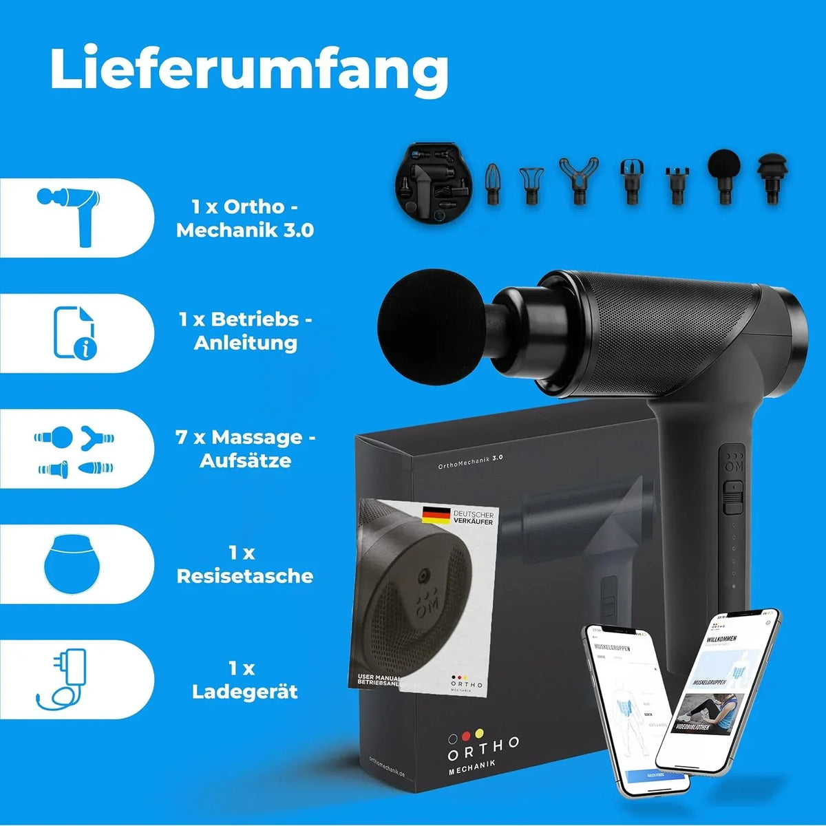 Pistola de masaje OrthoGun 160W con aplicación, 5 intensidades, 7 cabezales de masaje, estuche de transporte, autonomía de batería hasta 360 min