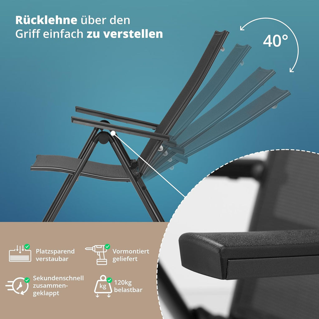 Set de 4 sillas de jardín de respaldo alto KHG, silla plegable de aluminio, respaldo ajustable en 8 posiciones con reposabrazos, gris antracita resistente a la intemperie e inoxidable, soporta 120 kg, silla de balcón, premontada, tejido sintético