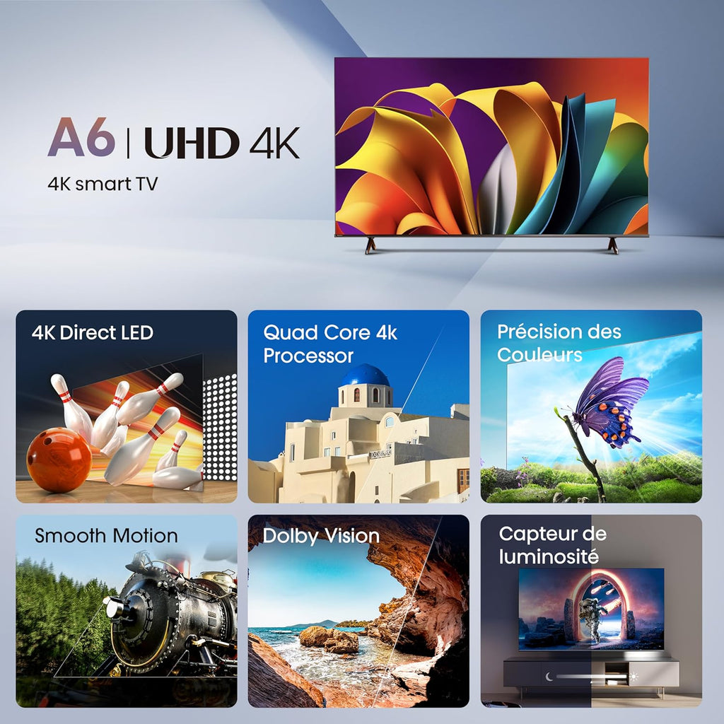 Hisense Smart TV 55 pulgadas 55A6N 4K UHD Dolby Vision HDR VIDAA con Youtube, Netflix, Disney+, Channel+ (Modelo 2024)