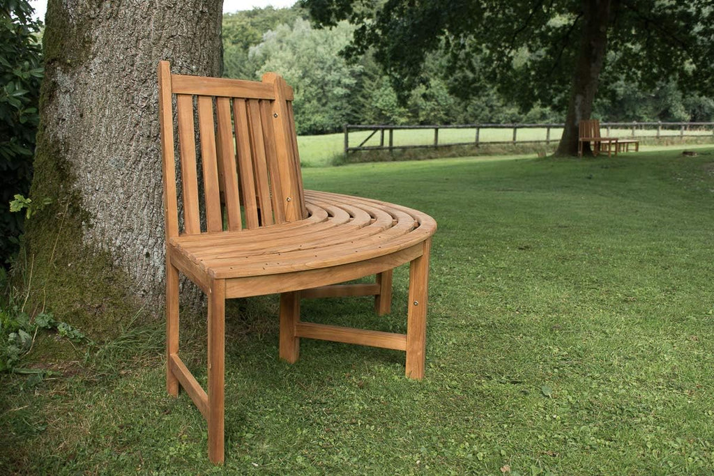 Banco de árbol semicircular Male de CLP de madera de teca maciza I Banco de jardín con capacidad para hasta cuatro personas I Banco de madera natural con respaldo, color: marrón