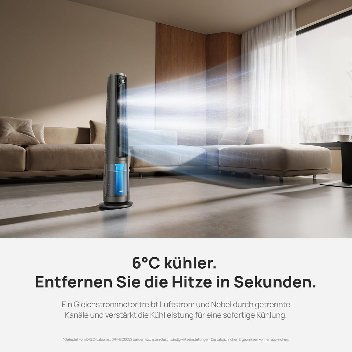 Ventilador nebulizador DREO TurboCool 765S, ventilador de torre 3 en 1 con ultrasonido, Wi-Fi y control por aplicación, depósito de 6 L, flujo de aire de 10,4 m/s, motor de CC silencioso de 20 dB, oscilación de 90°, 12 velocidades, 4 modos