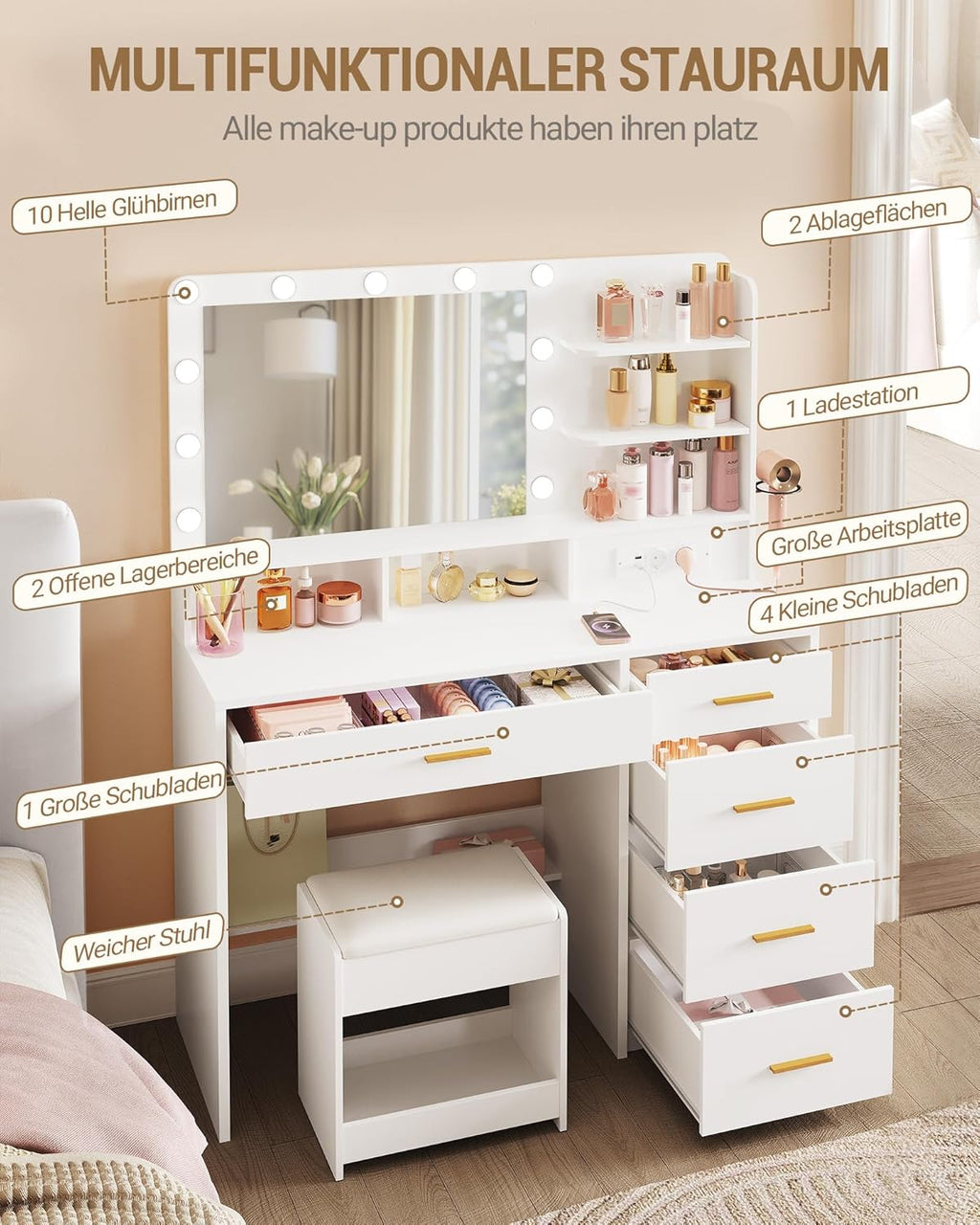 Tocador Hzuaneri con 10 luces LED, taburete, mesa de maquillaje con espejo grande, tocador con enchufe, soporte para secador de pelo y varios cajones, blanco DT42903XEU