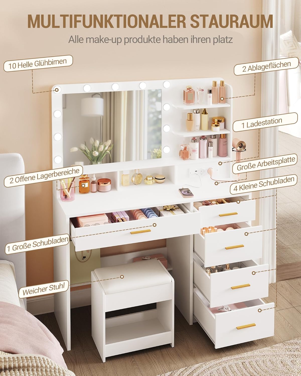 Tocador Hzuaneri con 10 luces LED, taburete, mesa de maquillaje con espejo grande, tocador con enchufe, soporte para secador de pelo y varios cajones, blanco DT42903XEU